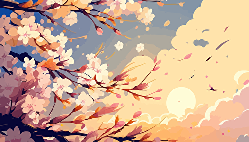 vector style cherry blossom under the setting sun, petals in air, beautiful clouds, pastel colors v 5