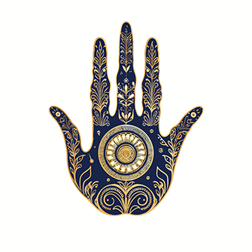 Fatma's hand navy drawing with gold and navy pattern inside with nazar vector, white background, line draw