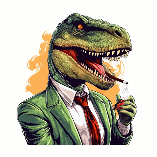 Trex smoking a cigar wearing a suit, big colour design,super crisp, on blank white background, vector art, 2d