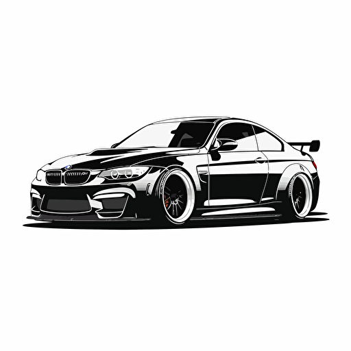 Black and white Flat vector 2D, a 2010 BMW coupe, lowered suspension, black and white, vector logo design logo