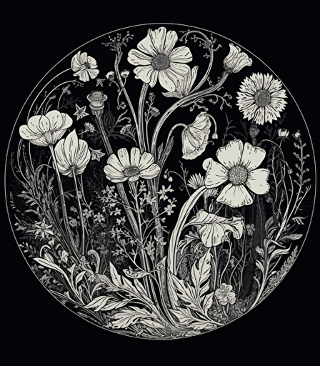 blooming wildflowers vector, white on black background, swirling art nouveau, circular pattern