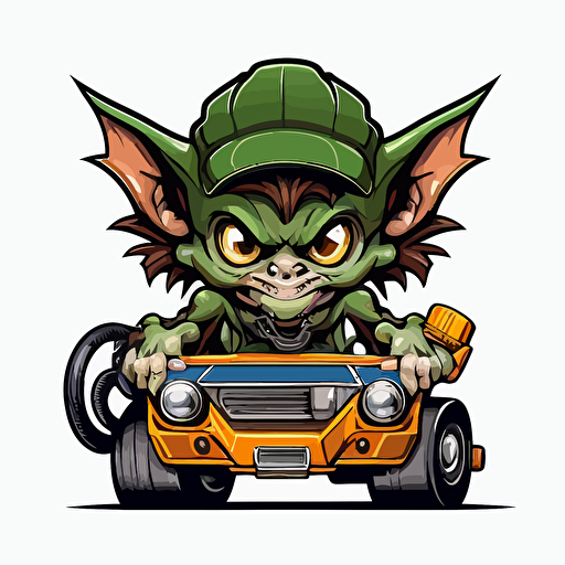 Gremlin in mechanics overalls working under the hood of a car, vector logo, vector art, emblem, simple cartoon, 2d, no text, white background