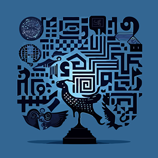 Design a visually captivating vector illustration of a QR code formed by silhouettes of old-fashioned and antique objects, utilizing a minimalistic style with dark blue and black tones. Incorporate geometric flat vectors to create a dynamic composition that evokes the spirit of op art, with precise placement of objects to create optical illusions.