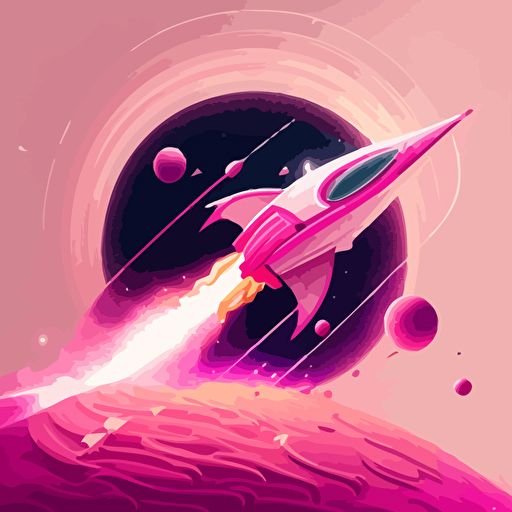 pink saturn, vector, rocket flying towards, diamond stars