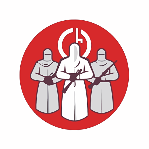 2d vector icon. crusaders with kalashnikov assault rifles searching for glory. arsenal fc logo color theme. minimalistic. simple. circle shape. white background.