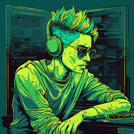 vector illustration of young man with computer head and green green hair, in vivid colors
