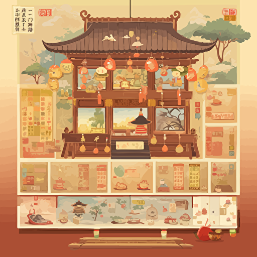 This picture shows a half-way learning board full of traditional Chinese culture, specially designed for children around 6 years old. The whole picture is based on warm colors, creating a warm and comfortable learning atmosphere. The theme of the learning board is "Chinese style", which cleverly integrates traditional Chinese elements and classic symbols, pastel colors, detailed, flat style, vector, animation