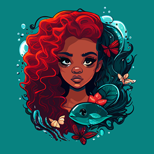 a black girl mermaid full face facing the viewer, red hair, the mermaid is swimming in the ocean with fish in the background, vector art, vector logo, disney style cartoon, detailed, bright colors, light blue background, simple cartoon, 2d