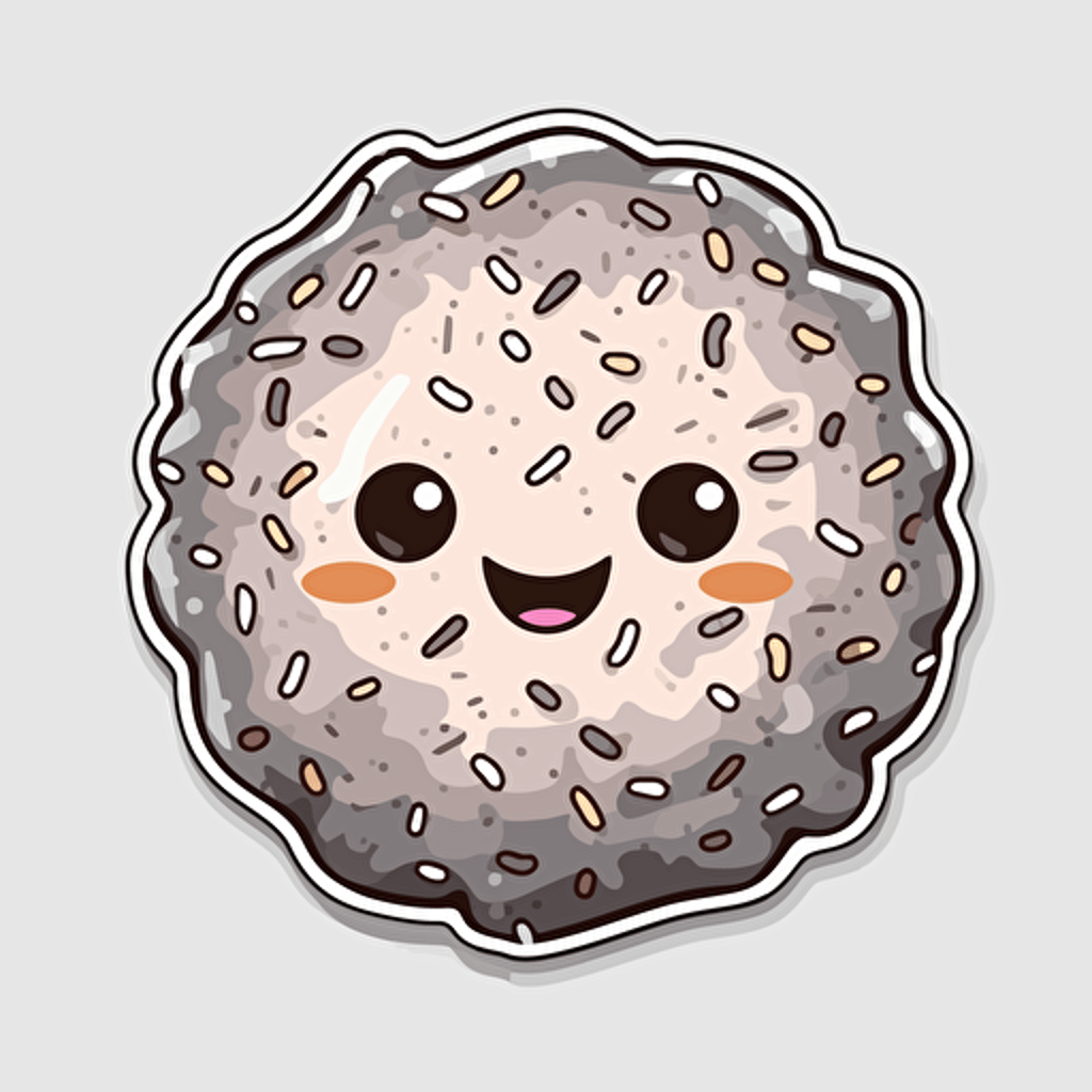 sticker, donut with sprinkles, cute face. kawaii, contour, vector, white border, gray background