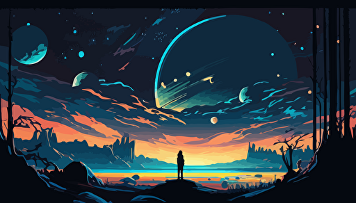 night sky with huge planets,wide angle,comic,anime style,vector,