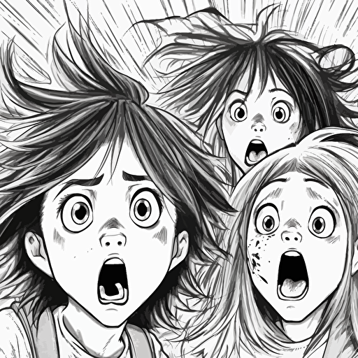 sketch manga anime style, two girls and one long haired boy screaming out loud, big eyes, heads only, black and white vector art, line drawing