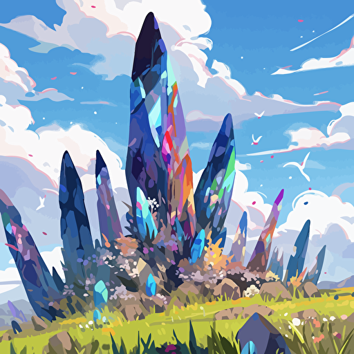 sylvan landscape, natural spires of dull stone rising from high meadows, the spires are studded with gigantic colorful faceted gems, blue sky, green grass, white cirrus clouds, rainbow crystals, rich deep intense saturated colors, vector, style of erin hanson, homestuck