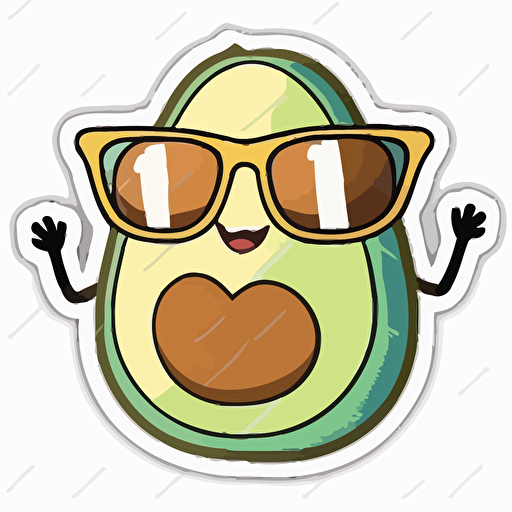 sticker, happy avocado with sunglasses, kawaii, contour, vector, white