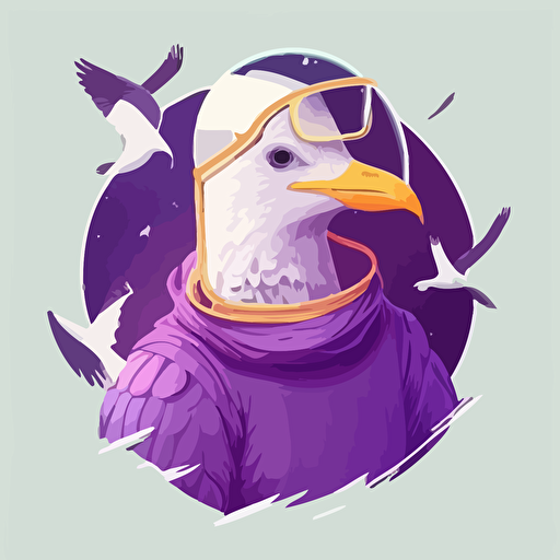 seagull dressed in a purple scarf with a transparent astronaut helmet flat vector 2d illustration