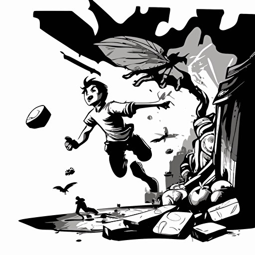 Black and White vector illustration of boy flying over broken apple vendor
