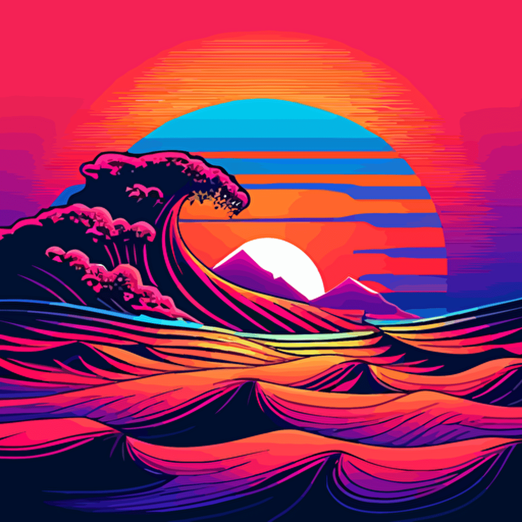 vaporwave surf waves, sunset on horizon, vibrant pinks, blues and oranges, vector, hd, high resolution , 300 dpi,