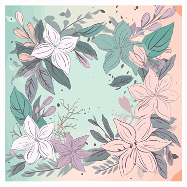 Draw a floral composition in vector art style, with stylized flowers and leaves in pastel tones, in tribute to Women's Day. The colors should be soft and feminine, such as light pink, lavender, and mint green. Frame the image with a 35mm lens and a front-facing perspective, highlighting the flowers and leaves in the composition.