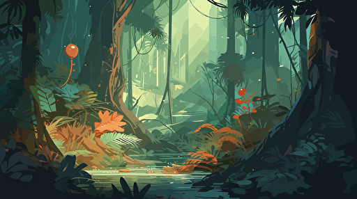 Concept art map of a foreign jungle planet, dense flora, jungle, flat vector illustration