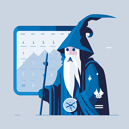 minimalistic vector art, flat, blue and white colors of a schedule and a wizard