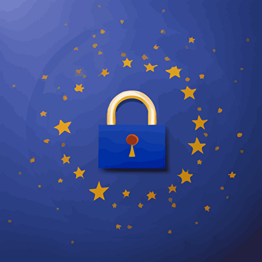 white silhouette of a padlock with a checkmark in the center, on a two-tone royal blue background, with twelve gold stars in a concentric circle around it, vector, digital illustration
