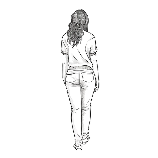 Black and white. back view of a young Girl wearing trousers standing and looking. Simple Vector Art. White background