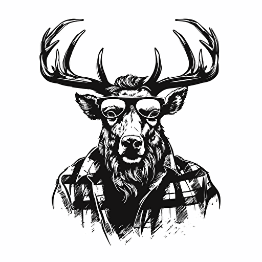 man bull riding Elk wearing flannel, black illustration on white, simple vector, black and white ::vector style