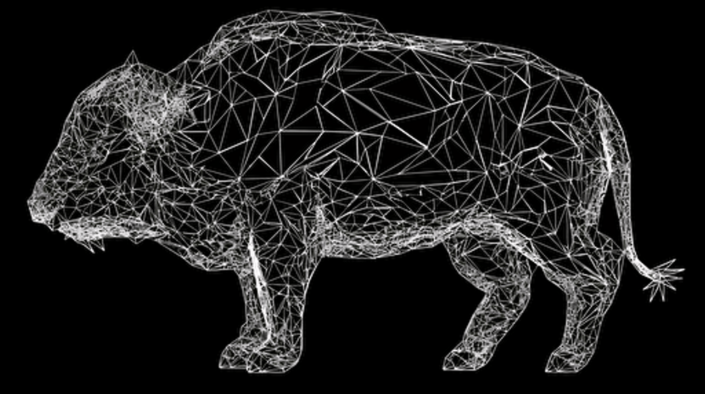 VISUAL STYLE: Line Drawing, GENRE: Company Logo, SUBJECT(S): Bison, Mesh Nodes, TIME PERIOD: Contemporary, COLOR: Black and White, ASPECT RATIO: 16:9, FORMAT: Vector Art, FRAME SIZE: 1080p, LENS SIZE: N/A, COMPOSITION: Bison in a leaping pose, with triangular mesh nodes covering its legs, centered on the frame, LIGHTING: N/A, LIGHTING TYPE: N/A, TIME OF DAY: N/A, ENVIRONMENT: N/A, LOCATION TYPE: N/A, SET: N/A, CAMERA: N/A, LENS: N/A, FILM STOCK / RESOLUTION: N/A, TAGS: Bison, Mesh Nodes, Leaping, Vector Art