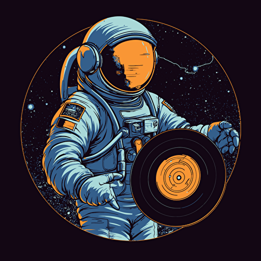 an astronaut holding a big vinyl, 2d vector on black background