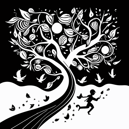 boy flying over tall and skinny tree, with branches that twisted and turned in every direction. Black and White vector illustration. Cheerful image with magical fruit around