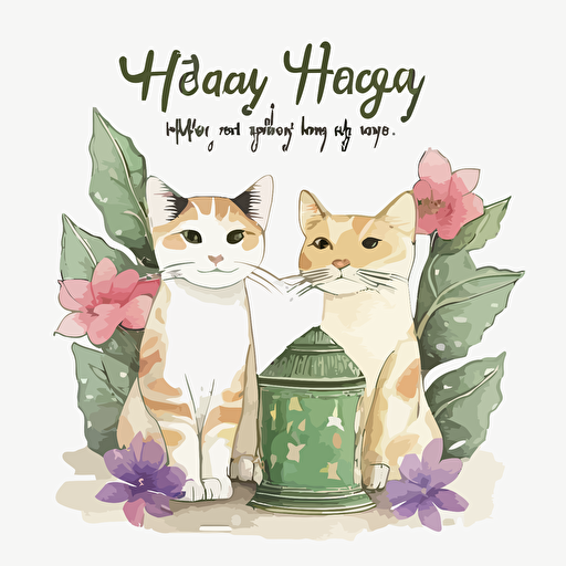 selamat hari raya greeting card, watercolor painting style, with cats infront, cute vector art