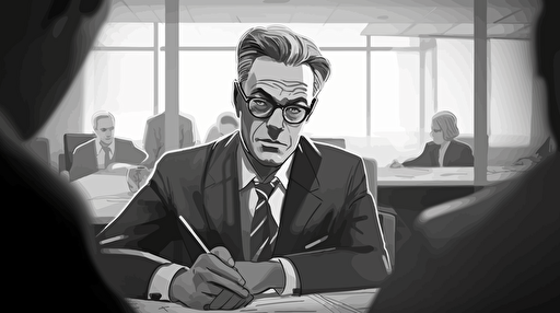 storyboard style, grayscale, vector drawing, shows serious looking CEO (age around 50 years) male sitting in modern meeting room alone, daytime, wearing expensive suit and glasses, holds ipad in front of his face, frowns, medium shot,