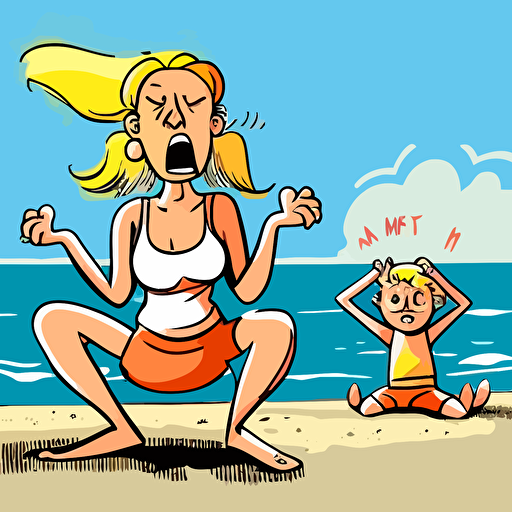 a funny cartoon of mother trying to relax at the beach by doing a yoga pose and a child in the background making trouble, funny, hilarious, vector