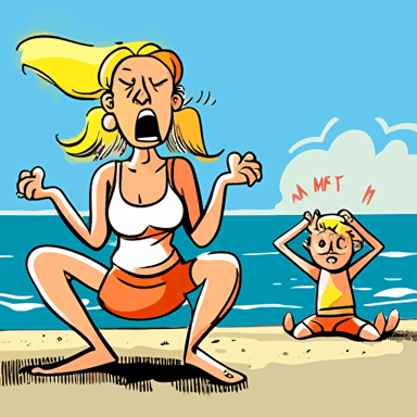 a funny cartoon of mother trying to relax at the beach by doing a yoga pose and a child in the background making trouble, funny, hilarious, vector