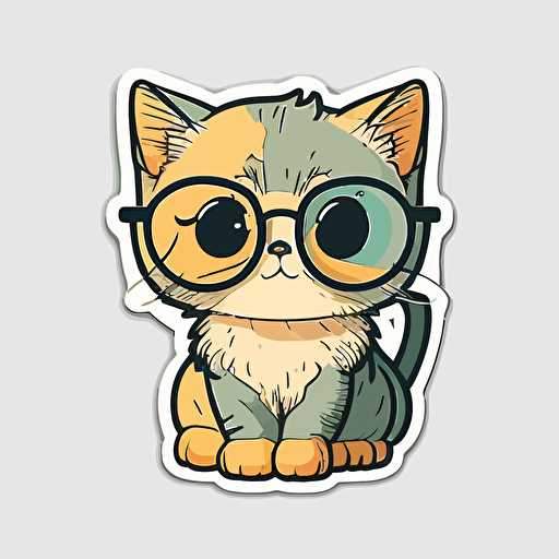 Very cute kitty with glasses pixar style, 2d flat design, vector, cut sticker