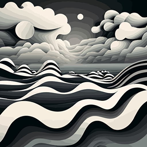 wavy smoky clouds, one point perspective, horizon, illustration vector