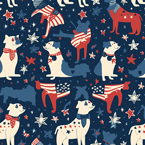 vector illustration of two dogs having fun, USA Flag Colors, 4th of July Theme
