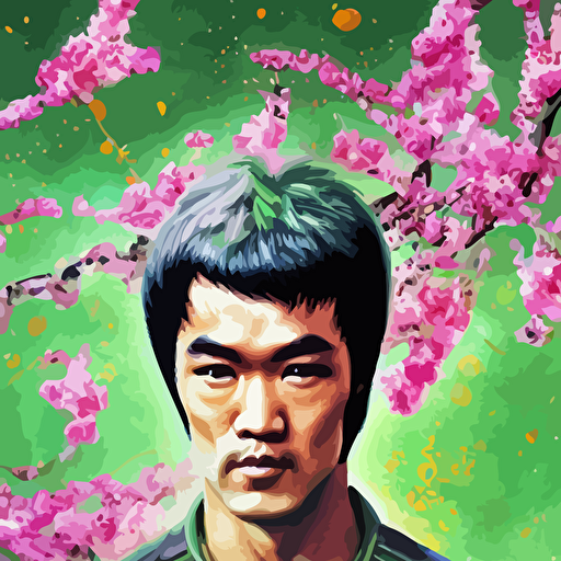 portrait bruce lee celestial futuristic pearlescent holographic inside future fighter sci fi fantasy intricate lush garden spaceship sakura season flowers kyoto japan elegant human anatomy royal green nature light highly detailed digital painting artstation concept art smooth sharp focus illustration art tian zi wlop alphonse mucha masterpiece 3d blender