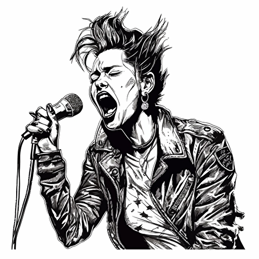 black and white felt pen ink vector illustration of a psychobilly vixen singing her heart out, leather jacket, spiked hair, beautiful, epic, on white tinfoil