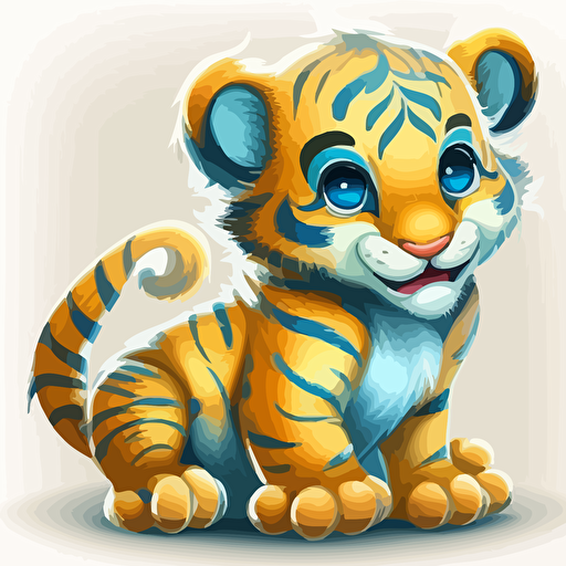 A gorgeous yellow and blue baby fur tiger, smiling, white background, vector art , pixar style