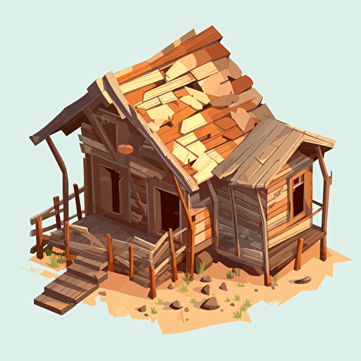Low poly Cartoon vector style destoryed wooden hut, house of park ranger, broken roof, rotten wood, isometric view, transparent background