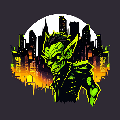 goblin in neon city, vector logo, vector art, emblem, simple cartoon, 2d, no text, white background