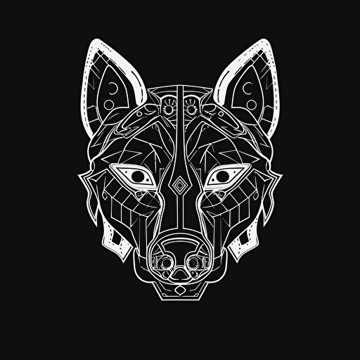 Wolf, Banksy style, black background, large closed shapes, fantasy roboter, white space to fill, abstract, artistic, pen outline, white background, very simple, full field of view, centre, minimalistic logo vector art , simple flat vector logo