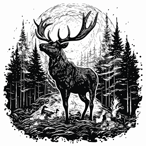 Elk drinking coffee dressed in hunting gear, black and white illustration, simple vector, white background ::woodcut style