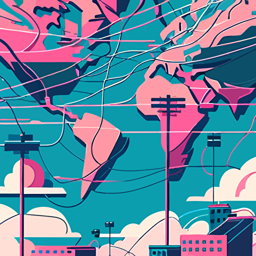 flat vector, world on wires, pink and blue