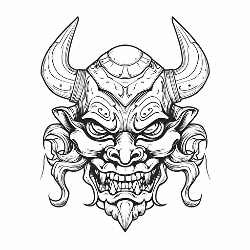 japanese mask demon samurai ignorant style No Shadow. Cartoon. Coloring page. Vector. Simple.