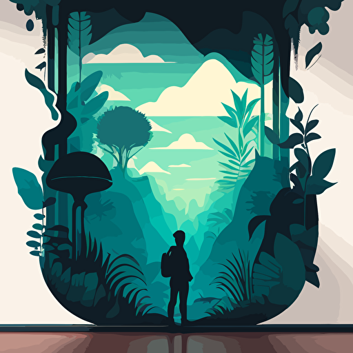 an intricate landscape wallpaper with a traveler's silhouette surrounded by a towering cloud forest in vibrant vectorized style