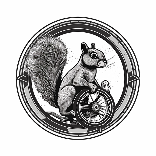 cyber punk, black squirrel, inside a bicycle rim and tire, logo, white background, vector style, grey tones