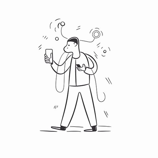 Man with smartphone, white background, line drawing illustration, vector, simple, minimalist, whimsical and lively, cartoon mis-en-scene