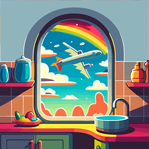 a sink in front of a kitchen window looking out into a clowdy sky with an airplane in it in simple cartoon vector