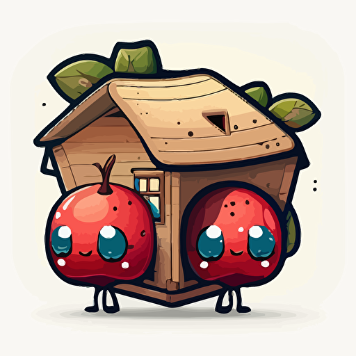 two cranberry fruit merging into a wooden house with a flat roof, Sticker, Adorable, Cool Colors, Pixar, Contour, Vector, White Background